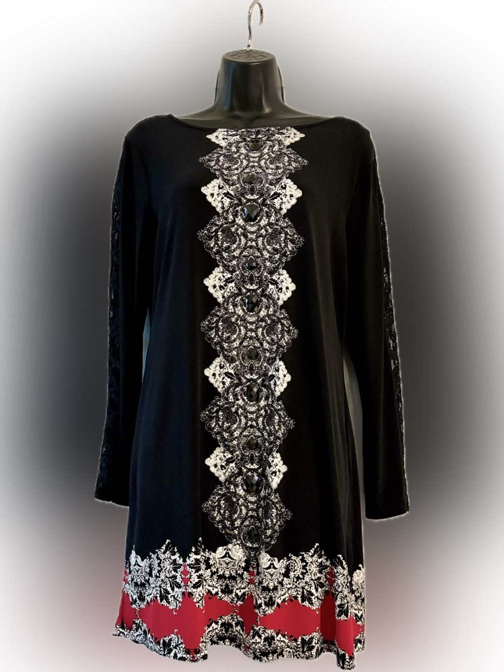 Style & Co. Black Long-Sleeve Tunic Dress with Silver Lace-Accent Panel